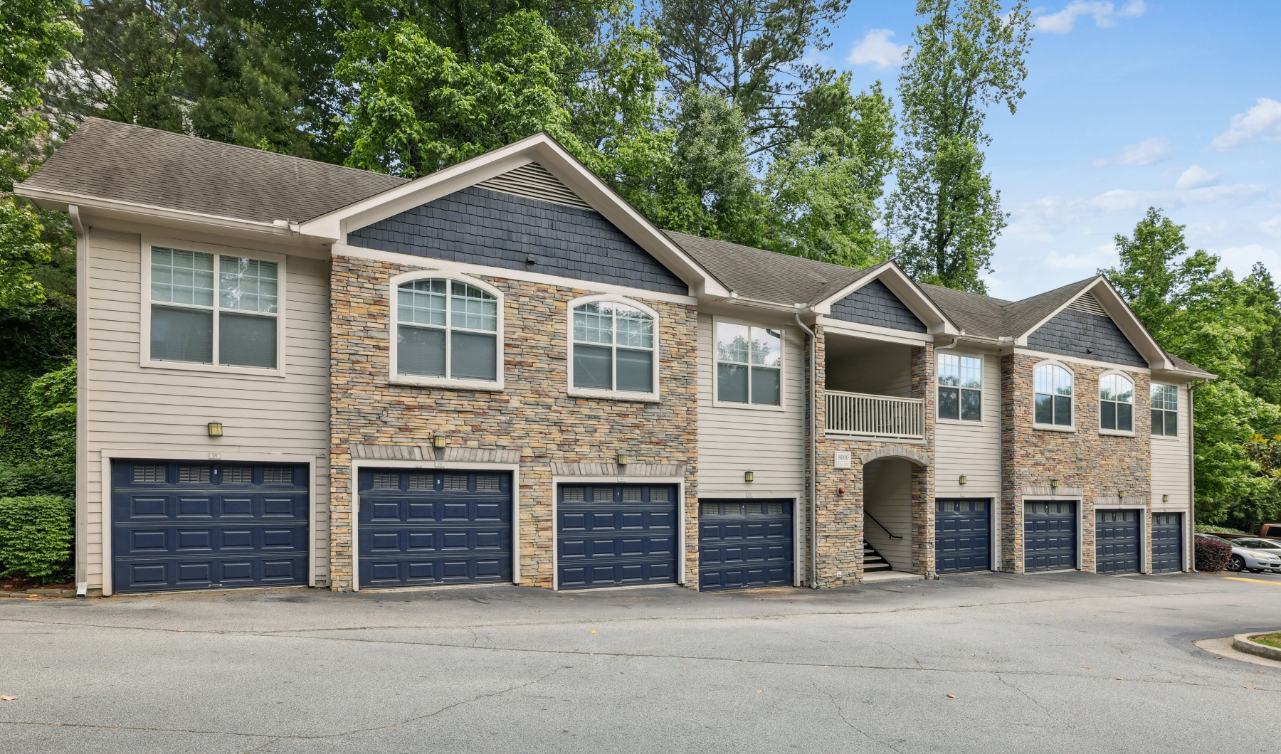 Building with blue garage doors
